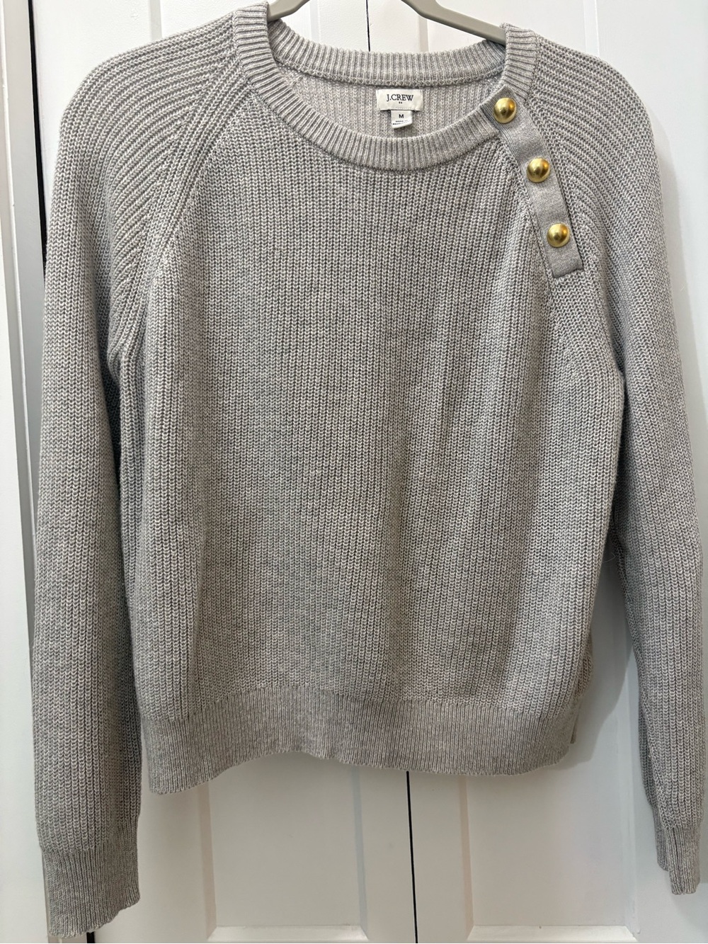 J. Crew Light Gray Crewneck Sweater with Gold Shoulder Buttons size M